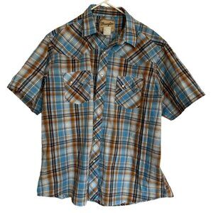 Wrangler Western Pearl Snap Short Sleeve Button Up Blue Brown Plaid Shirt Mens L